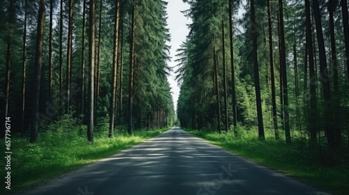 Forest with tall trees. Road in the center