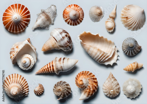 Set a collection of small sea shells a conch and sea snails over a transparent. Generative Ai