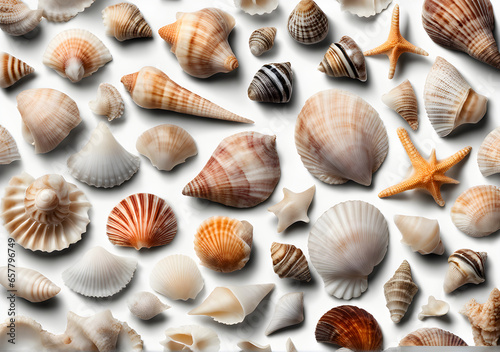 Set a collection of small sea shells a conch and sea snails over a transparent. Generative Ai