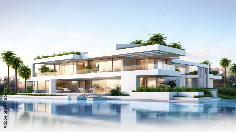 Luxurious modern residence with a pool and palm trees created with Generative AI