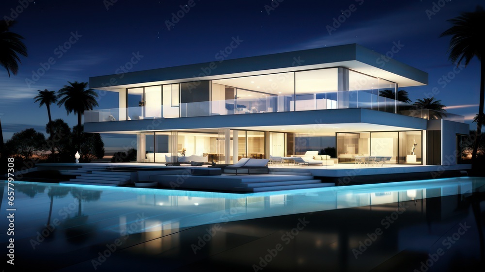 Obraz premium Luxurious modern residence with a pool and palm trees created with Generative AI