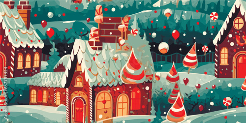 Seamless vector pattern with cute gingerbread houses and cookies on dark green background. Perfect for textile, wallpaper or print design.