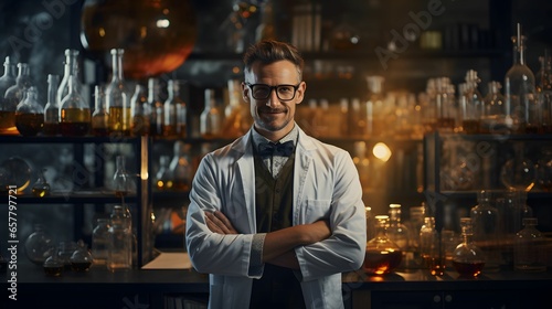 Scientist or Teacher in lab suit against blurry background of chemistry lab. Generative Ai