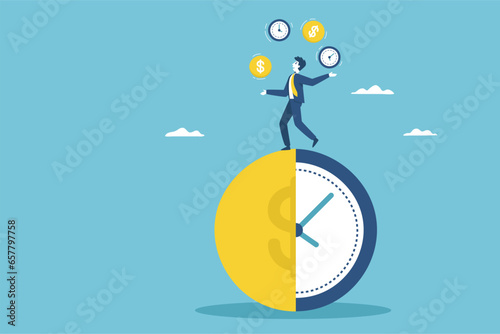 A businessman balances money and time according to his business plans.