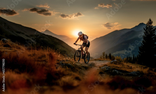Cyclist woman pedaling during a sunset in the mountains