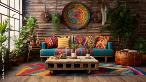 Boho Bohmian living room Design. Generative AI. photo