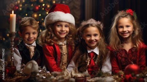 Group of happy kids with colorful lights on Christmas background.