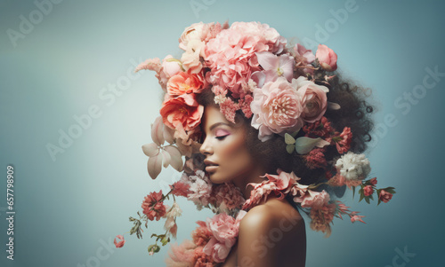 Beautiful floral bouquet cover womens face and body. Abstract Spring creative concept with female lady and pastel color flowers.