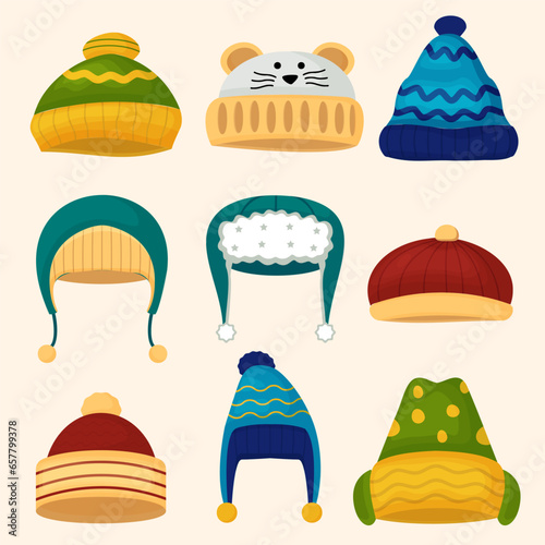 Set of various beautiful knitted hat or winter hat
