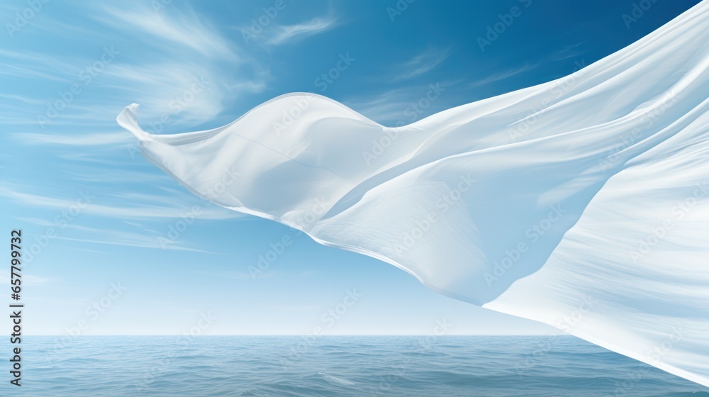 light white fabric flutters in the wind against the blue sky.background.