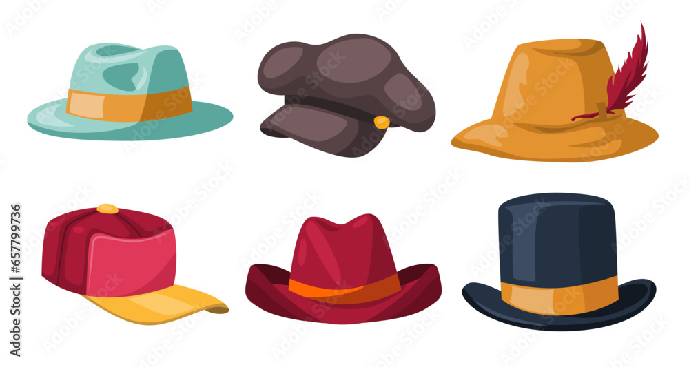Set of various style of fashion male hat in cartoon style Set of various style of fashion male hat in cartoon style