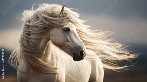 Magnificent white stallion horse roaming wild and free on the prairie plains with long blonde mane hair blowing in the wind at sunset.