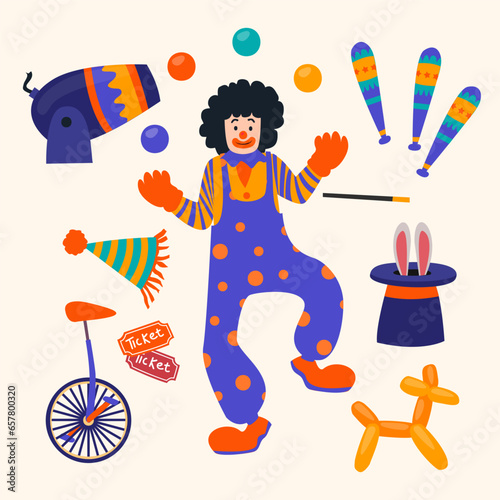 Young joker man with set Of Various Clown Elements