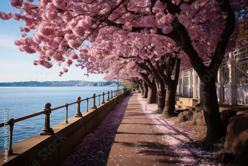 Cherry Blossoms Along a Peaceful Lakeside Walkway