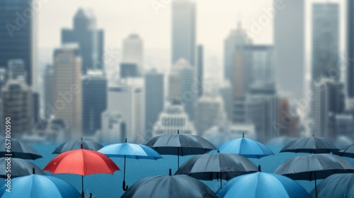 A blue umbrella standing out among a group of gray umbrellas against a city backdrop. Symbolizing individuality, uniqueness, and the idea of being prepared for success. © Chingiz