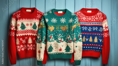 Flat lay of colorful National Ugly Christmas Sweater Day decorations on a wooden table