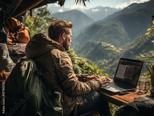 man using laptop on the mountain © kalafoto