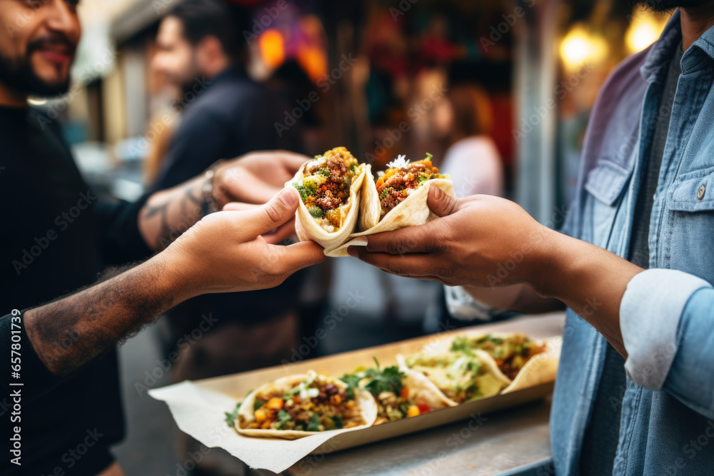 A chef gives a taco to a man at a street food market - obrazy, fototapety, plakaty 