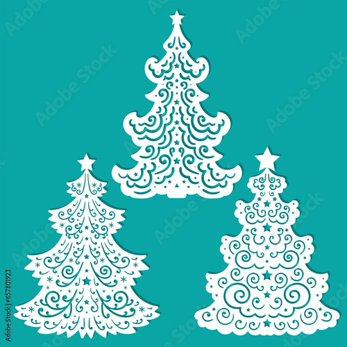 Christmas trees. A set of templates for laser cutting from paper, cardboard, wood, metal. For the design of Christmas decorations, Christmas tree decorations, cards, stickers, interior decorations. Ve
