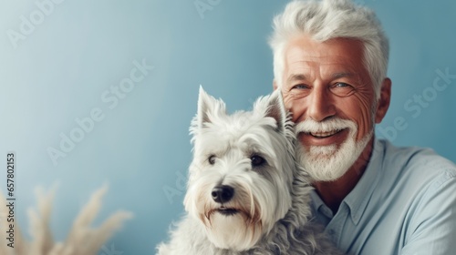 This home portrait showcases the happiness of a senior man and his pet dog in a sunny room. photo