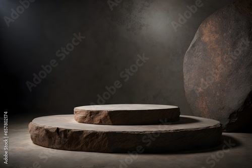 Stone rock podium for display product. Background for cosmetic product branding, identity and packaging. Generative AI.