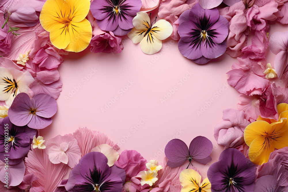 Floral frame with Assorted Pansies bloom in Shades of Purple and Yellow  on pink background, copy space