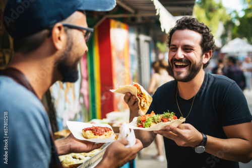 A chef gives a taco to a man at a street food market