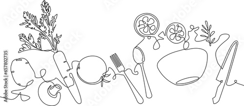 Horisontal continuous line drawing poster with utensils and food. Preparing the salad. Cooking process. Healthy eating. Culinary illustration. Vector background.