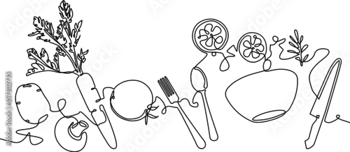 Tapety Horisontal continuous line drawing poster with utensils and food. Preparing the salad. Cooking process. Healthy eating. Culinary illustration. Vector background.