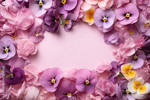 Floral frame with Assorted Pansies rose bloom in Shades of Purple and Yellow 