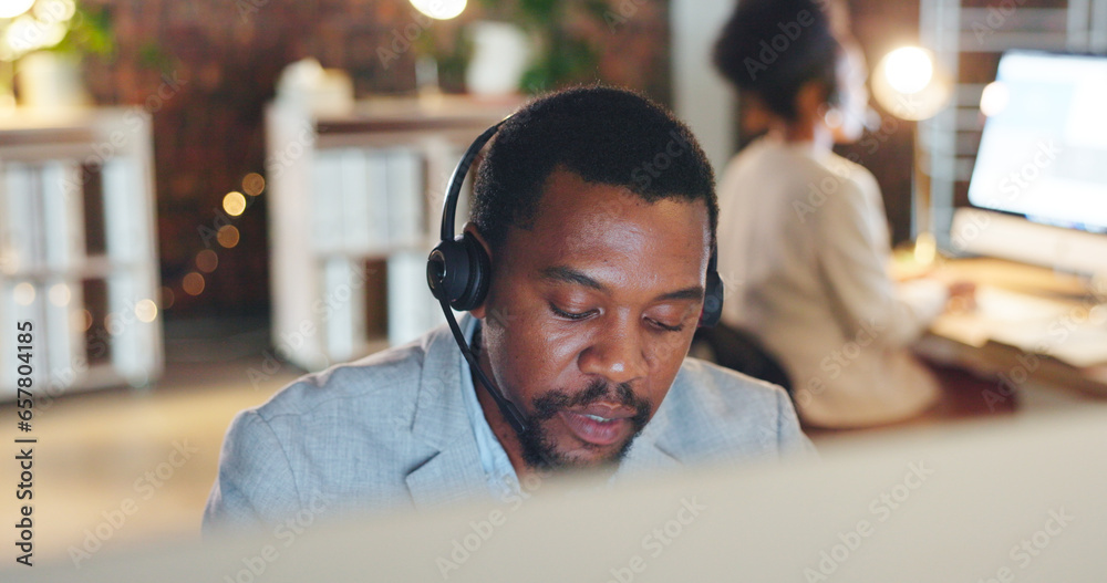 African man, call center and computer in thinking, talk or night for telemarketing, voip mic or contact us. Consultant, crm and tech support agent for customer service, idea or questions at help desk - obrazy, fototapety, plakaty 