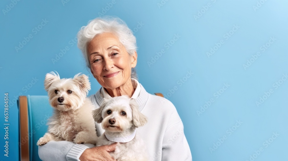 Grinning senior woman and her dog against a studio backdrop. Grinning senior woman and her dog against a studio backdrop.