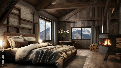 Rustic bedroom Design. Generative AI. © s1llu
