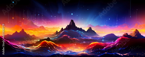 Stylized colorful fantasy landscape with mountains, waves, stars, light trails and sparks