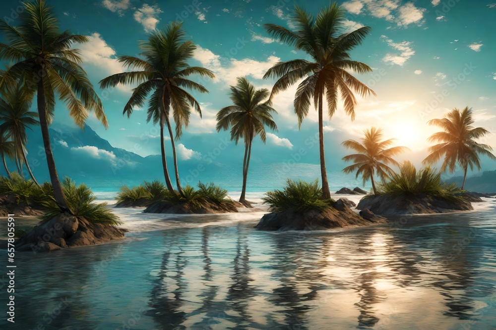  tranquil beach scene with palm trees and gentle waves.