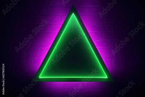 Purple and green neon light triangle on black background. Generative AI