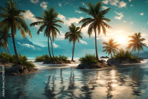  tranquil beach scene with palm trees and gentle waves. © Fahad