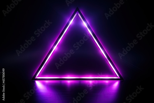 Purple neon light triangle on black background. Generative AI