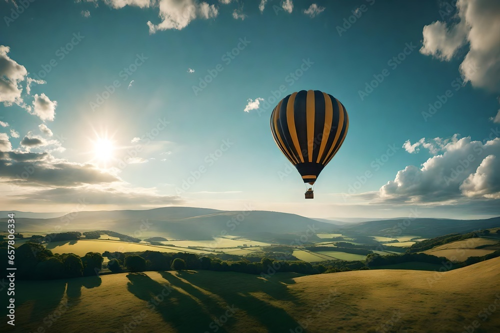 air balloon drifting over a picturesque landscape.