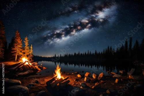campfire under a starry night sky in the wilderness.