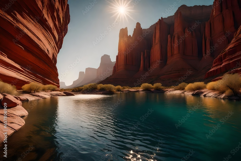 picturesque canyon landscape with winding river and red rock formations.