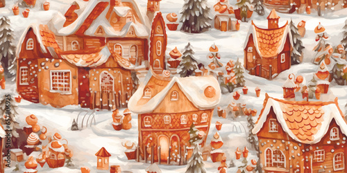 Seamless vector pattern with cute gingerbread houses and cookies. Perfect for textile, wallpaper or print design. Winter holidays fairytale, festive, treats, new year, Christmas market