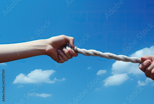 Illustration of hand pulling rope, sky with clouds in the background. Generative AI