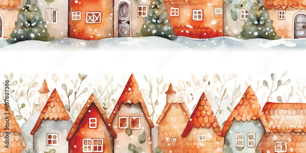 Naklejka premium Seamless pattern Winter houses ,landscape,Celebrating Christmas and New Year in City. Vector seamless pattern, winter wonderland in countryside