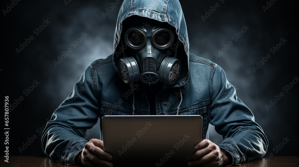Dystopian Connectivity: Person in Gas Mask Viewing Laptop on White Background