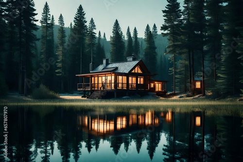 lakeside cabin surrounded by towering pine trees.