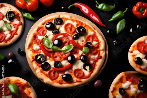 Pizza with pepperoni black olives, peppers isolated on black background.