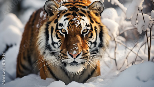 A solitary Siberian tiger on the prowl for food as it walks through snow. 