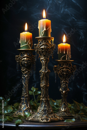 Mystical Halloween background. Gloomy burning candles in antique candlesticks. Horror and witchcraft.