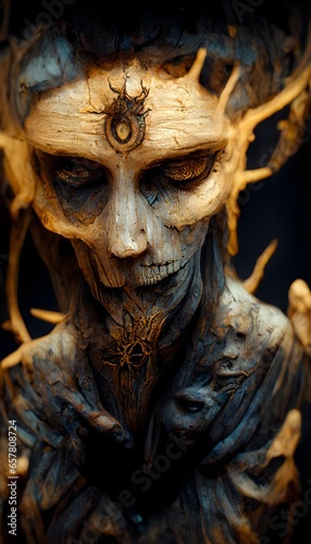 primitive tarot wood carving angelic demon spawn soul harvester with sythe2 photo realistic ominous lighting rule of thirds symmetry epic sorrow vignette HDR 8k Octane Render unreal engine epic 